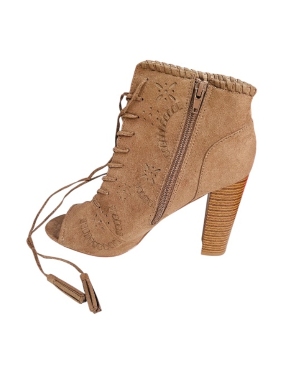 JustFab EUC Taupe Lace-Up Peep-Toe Heeled Booties - Picture 6 of 14